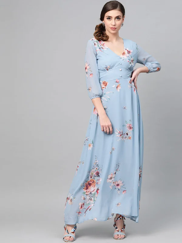 Dresses for grunge-Women Pale Blue Floral Flared Maxi Dress