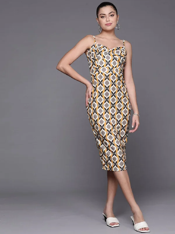 Dresses for food festival-Women Mustard Geometric Corset Bodycon Dress