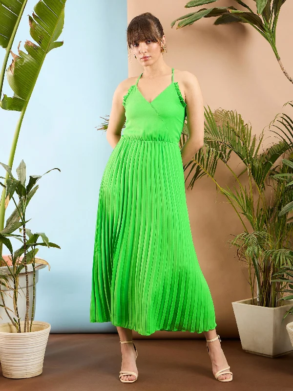 Dresses for antique style-Women Green Strappy Pleated Maxi Dress