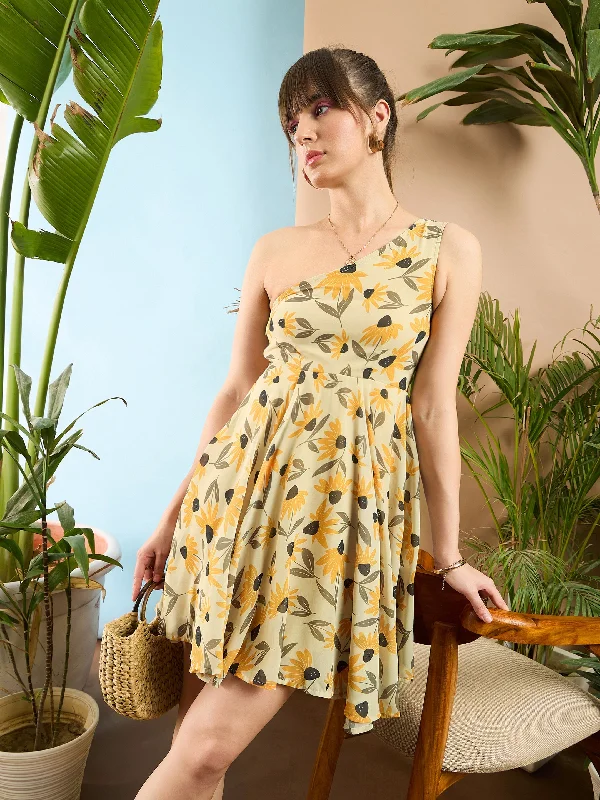 Dresses for prom-Women Yellow Floral Organza One Shoulder Dress