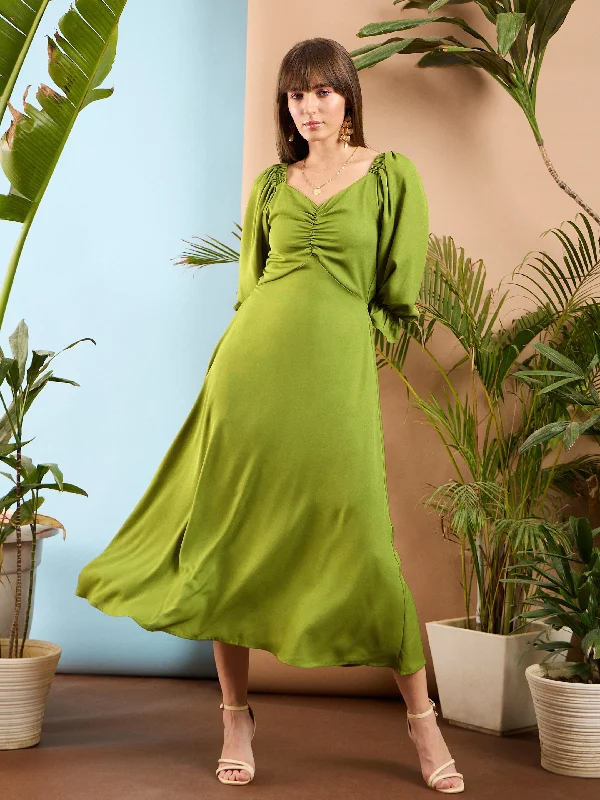 Dresses for personalized-Women Olive Front Ruched Back Cut Out Midi Dress