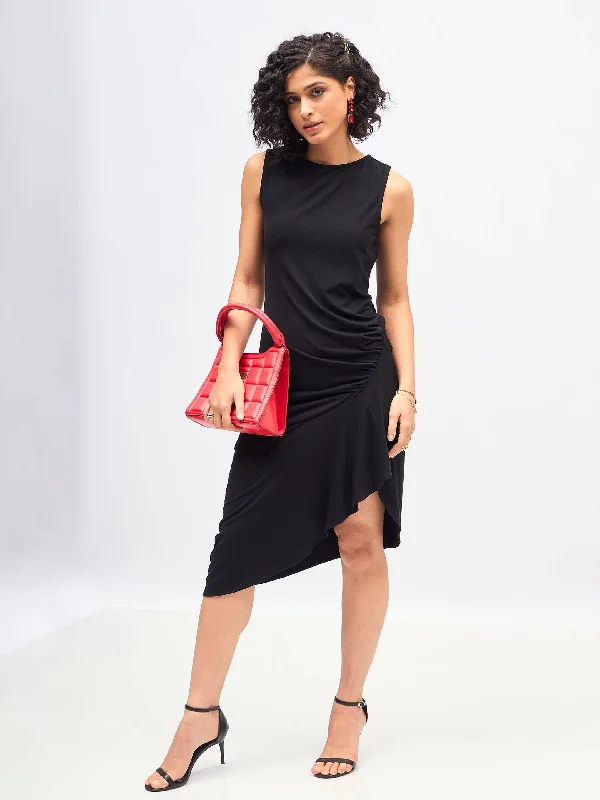 Dresses for trendy look-Women Black Box Back Cascade Ruffle Midi Dress