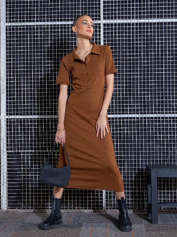 Dresses for satin finish-Women Brown Rib Polo Neck Bodycon Midi Dress