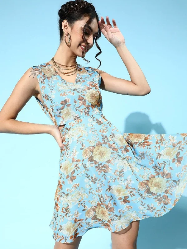 Dresses for casual wear-Blue Floral Organza Side Cut Out Dress