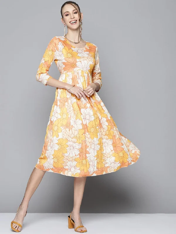 Dresses for handmade charm-Women Mustard Floral Round Neck Pleated Dress