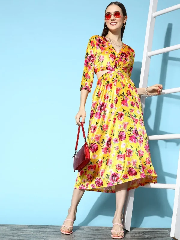 Dresses for retirement-Women Yellow Floral Velvet Side Cut-Out Midi Dress