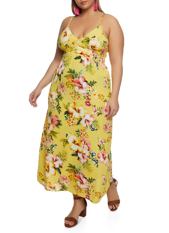 Dresses for white color-Plus Size Floral Print V Neck Maxi Sundress