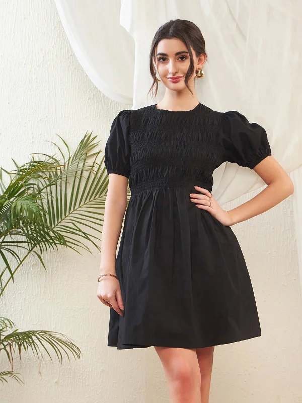 Dresses for group outing-Women Black Poplin Smocked Gathered Dress