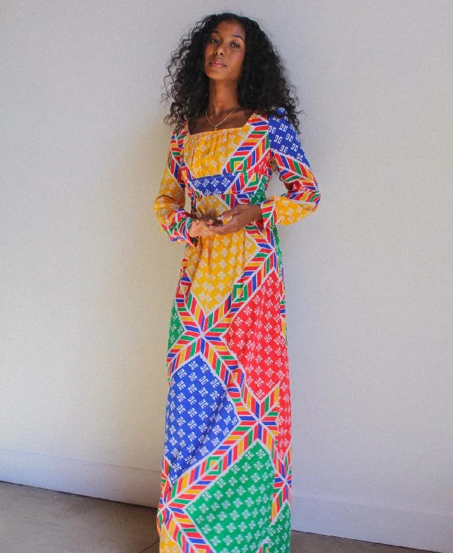 Dresses for bodycon style-1970s Primary Color Maxi Dress