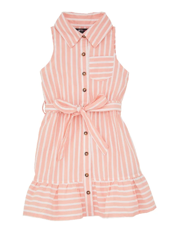 Dresses for top rated-Little Girls Sleeveless Striped Tie Waist Belted Dress