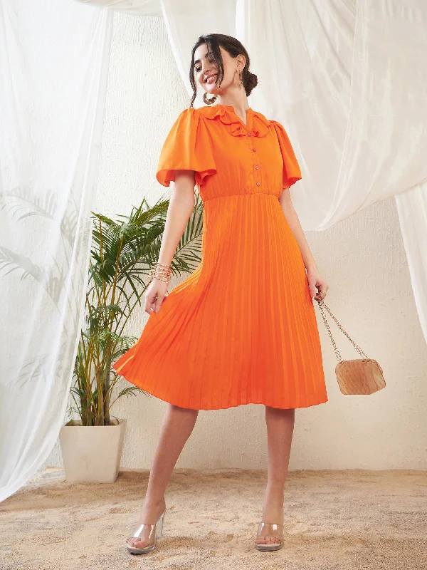 Dresses for bachelorette-Women Orange Frill Neck Accordion Pleated Midi Dress