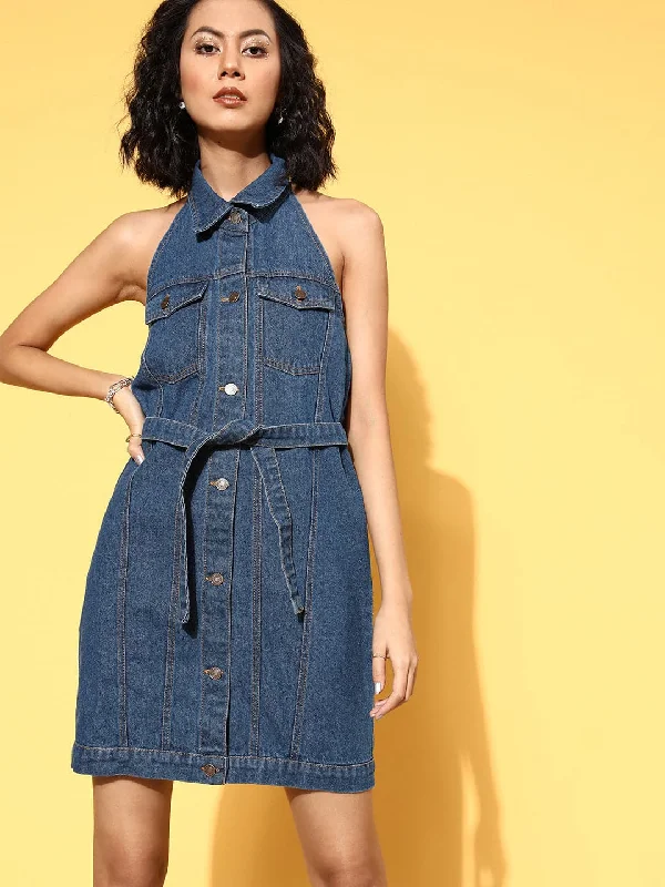 Dresses for tailored fit-Women Blue Halter Collar Neck Denim Dress