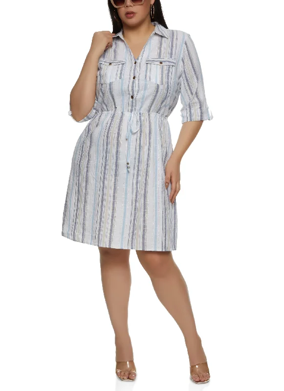 Dresses for experimental-Plus Size Lurex Stripe Tabbed Sleeve Shirt Dress