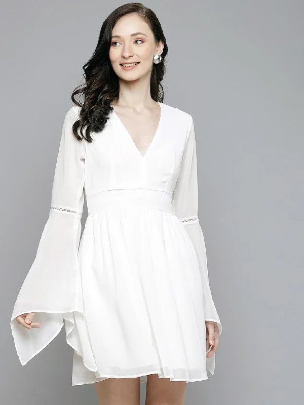 Dresses for decade look-Women White Boho Sleeve Skater Dress