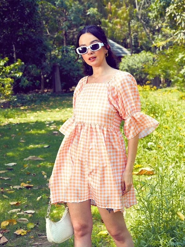 Dresses for medieval-Women Peach Check Puff Sleeves Mini Dress