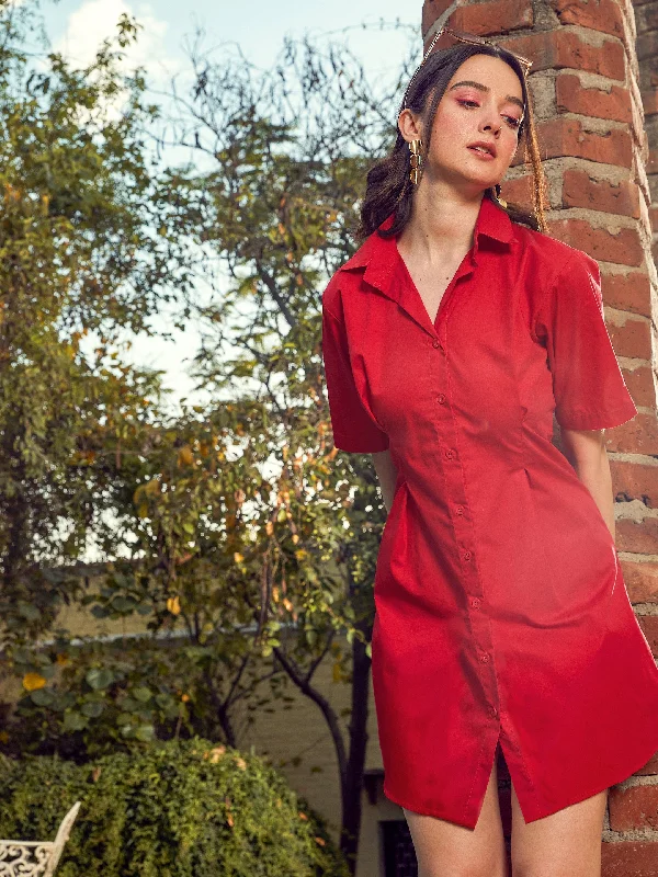 Dresses for classic charm-Women Red Poplin Shirt Dress