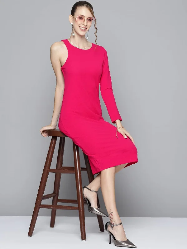 Dresses for hot picks-Women Fuchsia One Side Sleeve Bodycon Dress