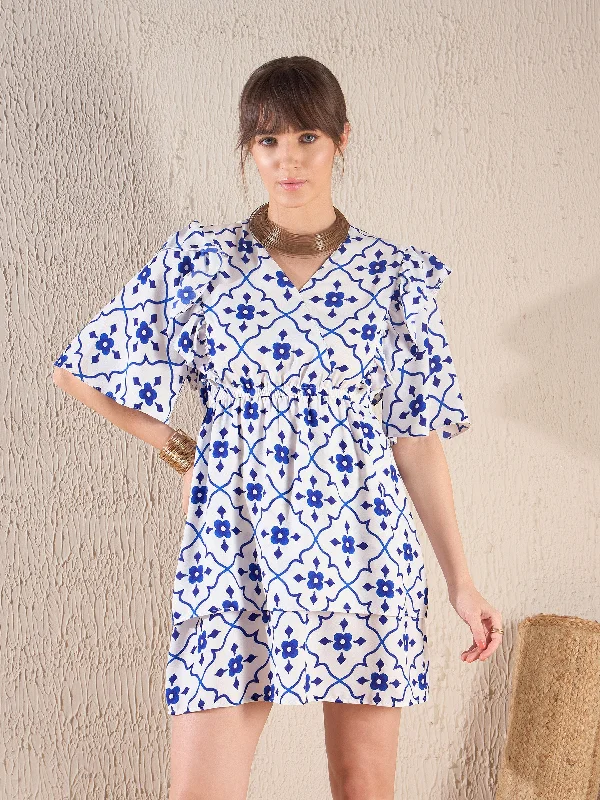 Dresses for cutting-edge-Women Navy Ethnic Print Layered Hem Dress