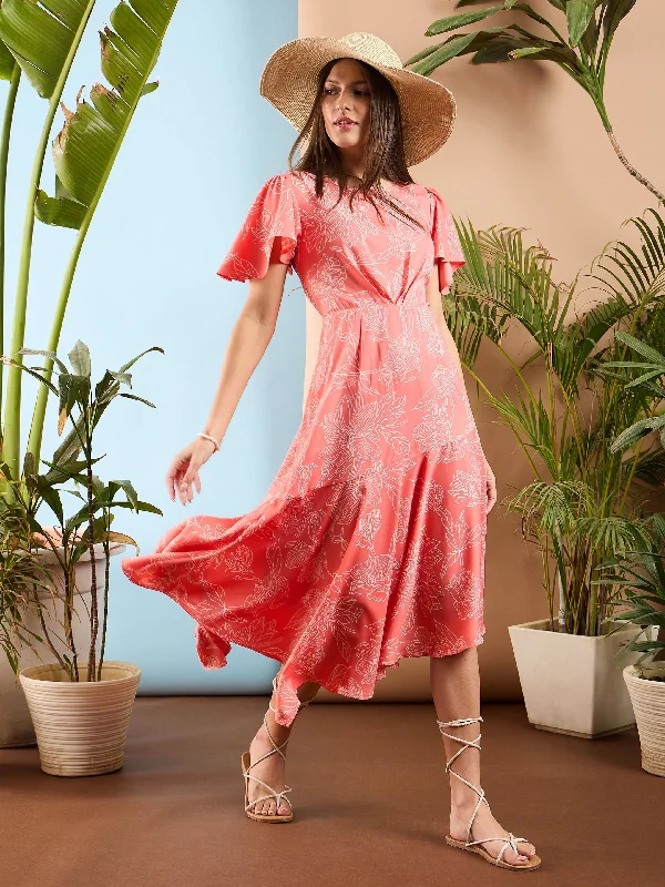 Dresses for embroidered name-Women Peach Floral Asymmetric Hem Midi Dress