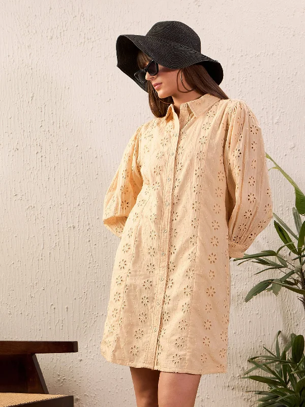 Dresses for bespoke-Women Beige Schiffli Shirt Dress