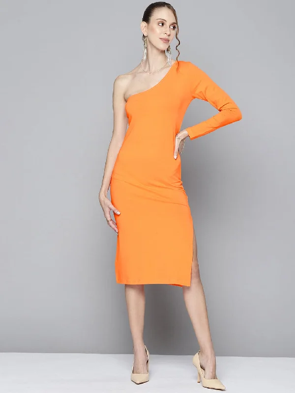 Dresses for reimagined-Women Orange One Shoulder Bodycon Dress