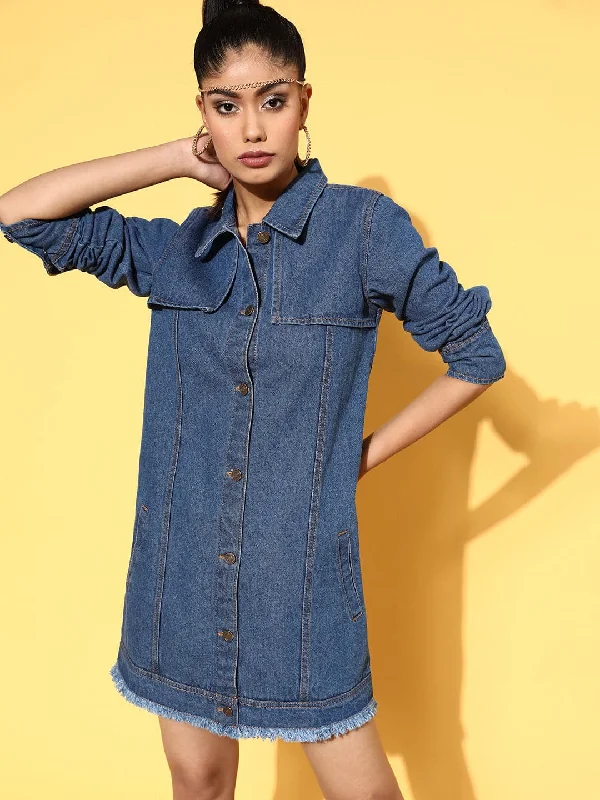 Dresses for personalized-Women Blue Front Flap Denim Shirt Dress