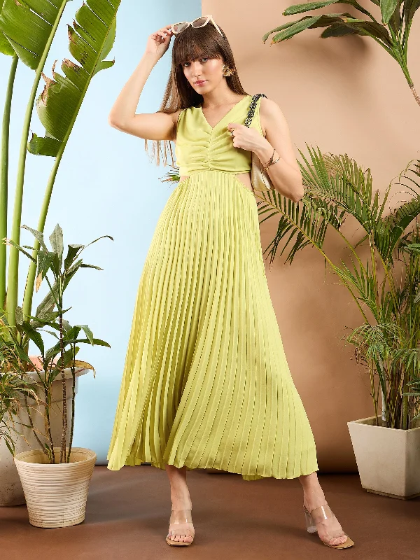 Dresses for enduring-Women Pale Yellow Waist Cut Out Pleated Maxi Dress