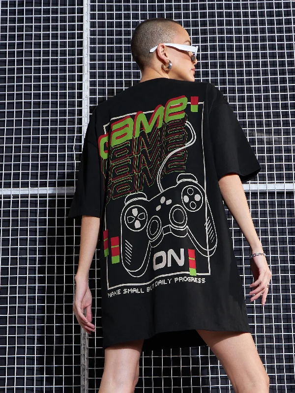 Dresses for high neck-Women Black GAME ON Printed Oversized T-Shirt Dress