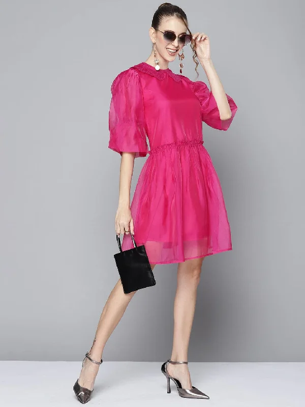 Dresses for customer favorite-Women Magenta Embroidered Collar Organza Dress