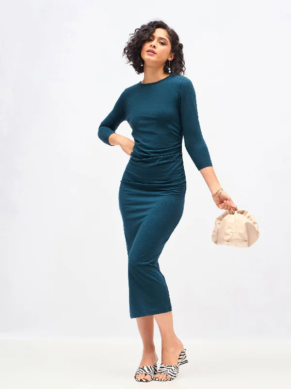 Dresses for boho style-Women Teal Waist Ruched Bodycon Maxi Dress