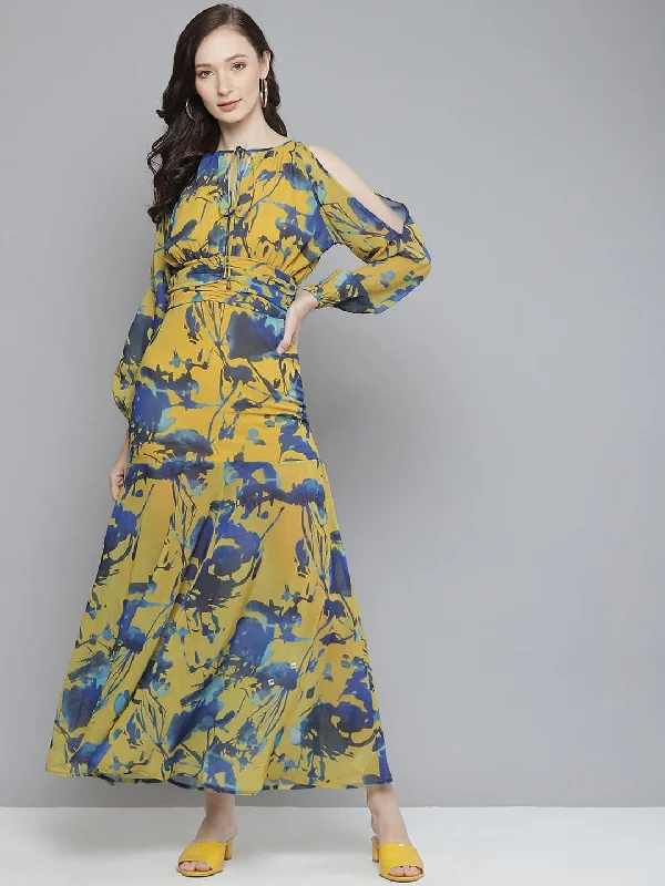 Dresses for victorian-Women Mustard & Blue Floral Cold Shoulder Maxi