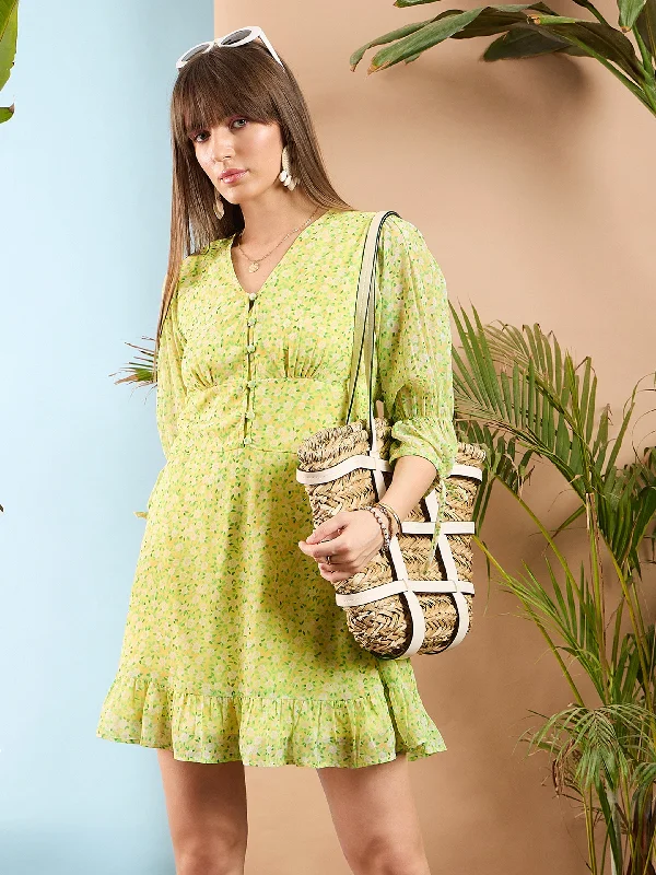 Dresses for nostalgic vibe-Women Lime Yellow Ditsy Floral Frill Hem Short Dress