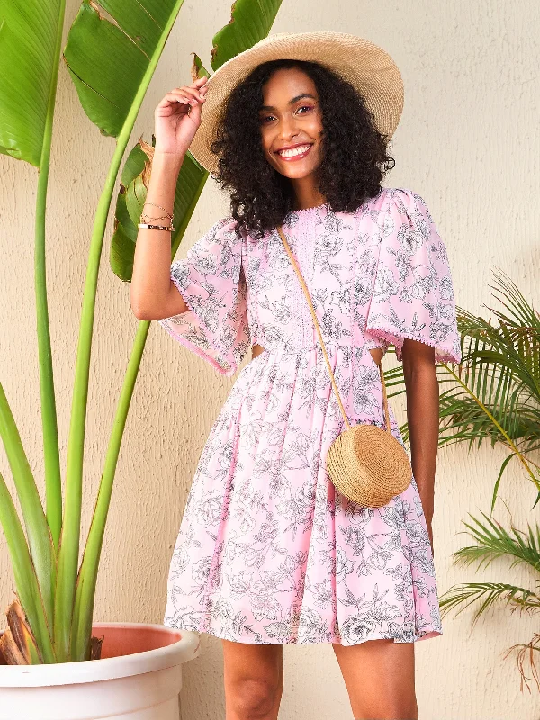 Dresses for graduation-Women Pink Floral Waist Cut-Out Skater Dress