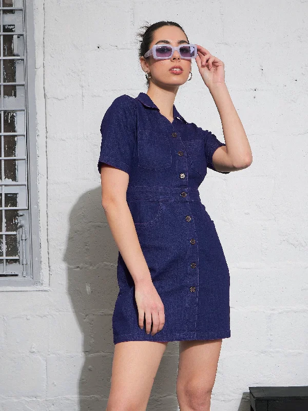 Dresses for friend hangout-Women Navy Washed Denim Front Button Mini Dress